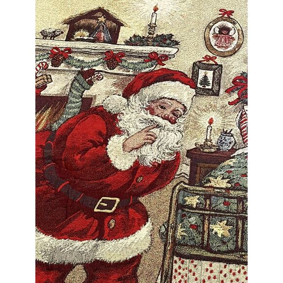 Santa Christmas Night Tapestry Throw Blanket Shhh Puppy...